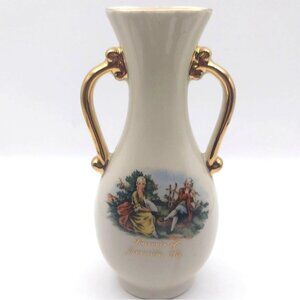 Vintage Porcelain Gilded Regency Vase Handles Souvenir Janesville Wisconsin MCM